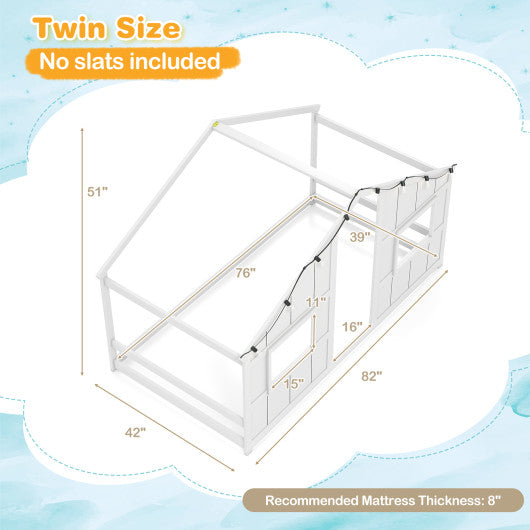 Twin Size House Bed with LED Lights Montessori Slat-free Floor Bed-White