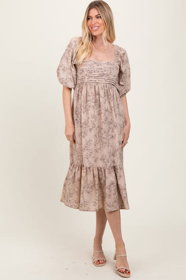 Beige floral pleated bodice midi dress for babies, perfect for special occasions and everyday wear.