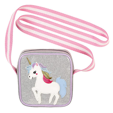 Silver unicorn purse for babies, perfect for stylish storage and playtime fun.