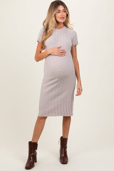 Beige chenille knit short sleeve maternity sweater dress for comfortable and stylish pregnancy wear.