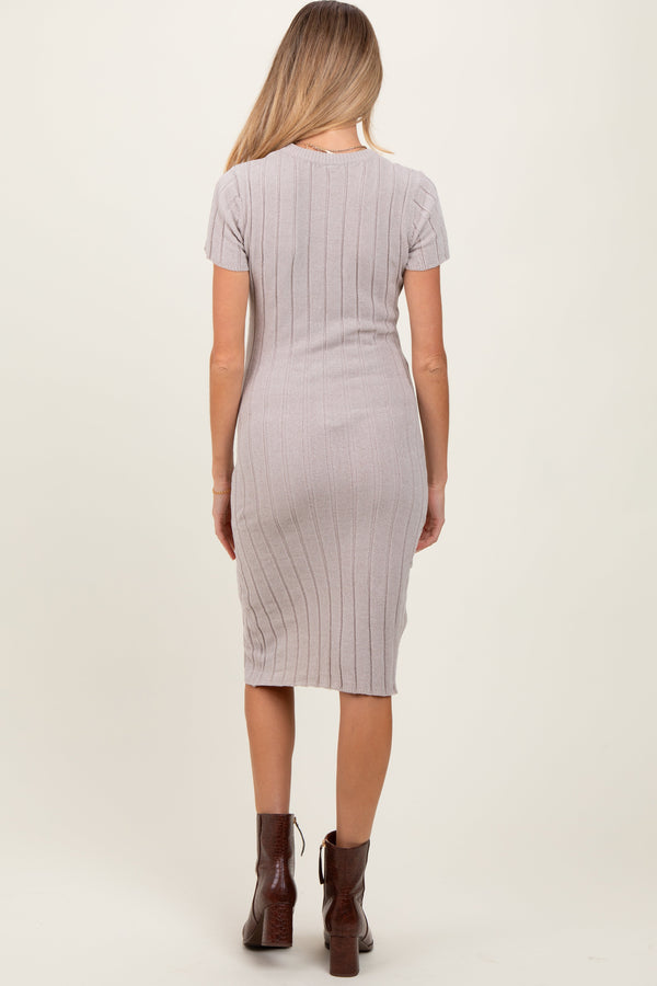 Beige Chenille Knit Short Sleeve Maternity Sweater Dress
