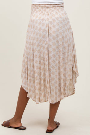 Beige damask print smocked waistband maternity midi skirt, stylish and comfortable for expecting mothers.