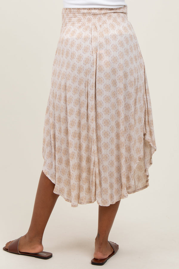 Beige damask print smocked waistband maternity midi skirt, stylish and comfortable for expecting mothers.
