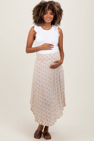 Beige damask print smocked waistband maternity midi skirt for stylish comfort during pregnancy.