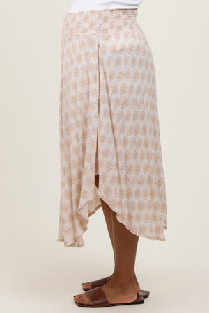 Beige damask print smocked waistband maternity midi skirt, stylish and comfortable for expecting mothers.