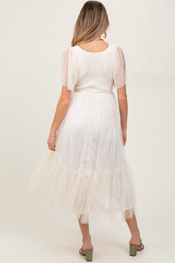 Beige Dotted Tulle Smocked Maternity Midi Dress