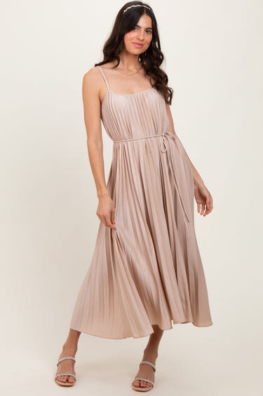 Beige pleated sash tie midi dress for babies, perfect for stylish and comfortable wear.
