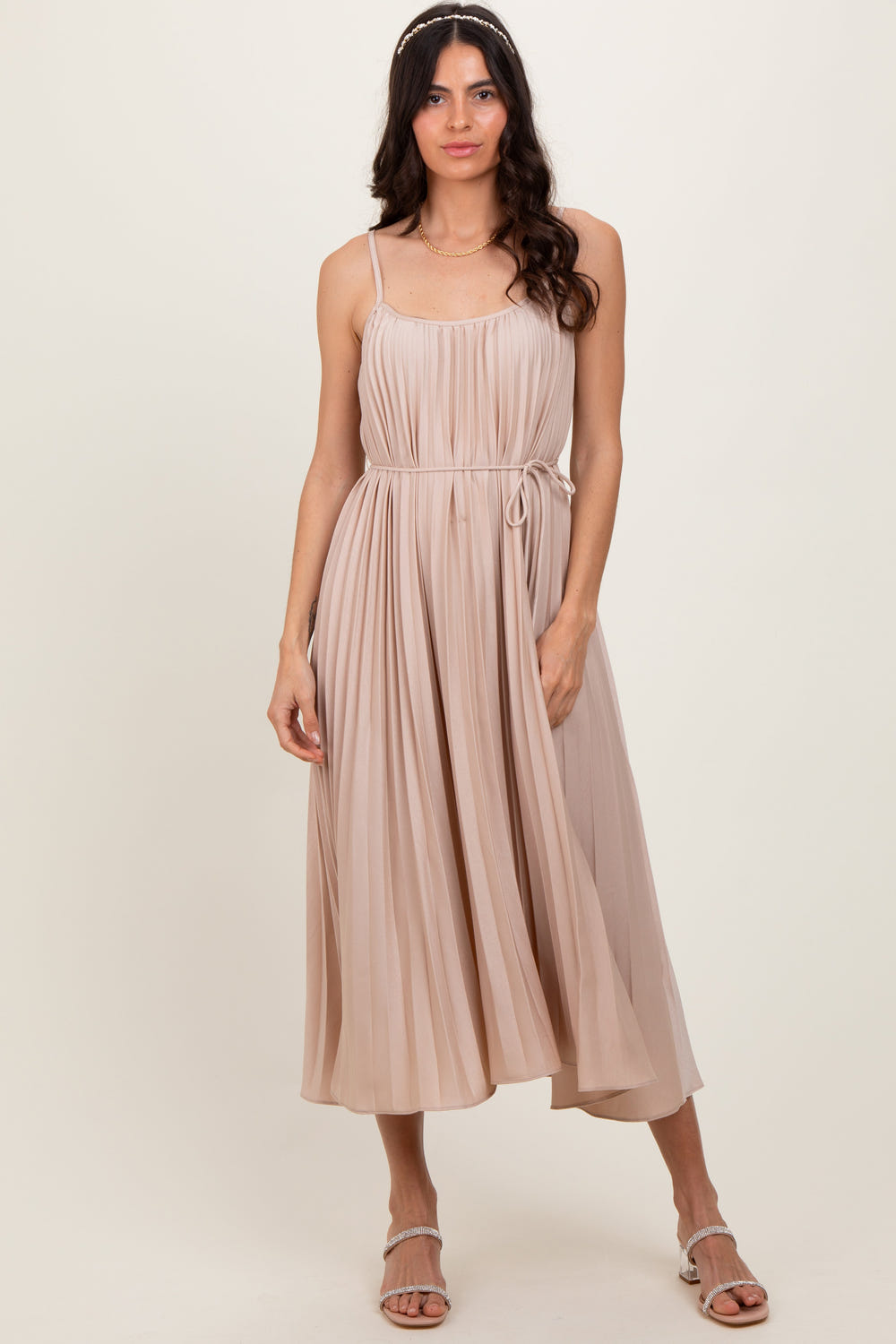 Beige pleated sash tie midi dress for babies, perfect for stylish and comfortable wear.