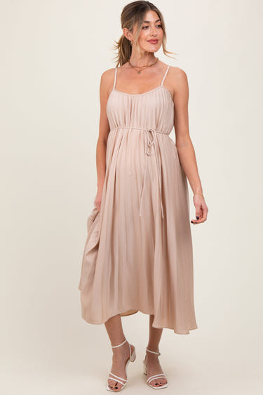 Beige pleated sash tie maternity midi dress for stylish and comfortable pregnancy wear.