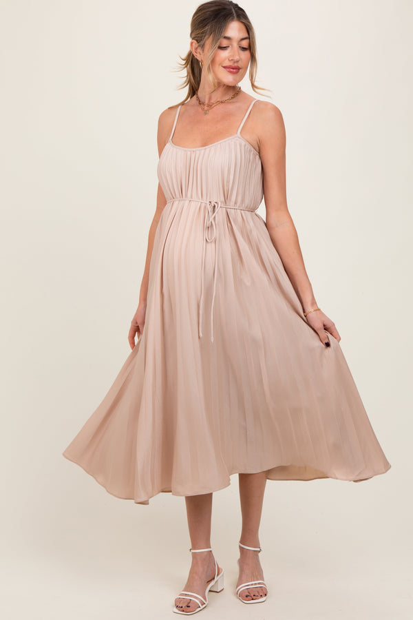 Beige Pleated Sash Tie Maternity Midi Dress