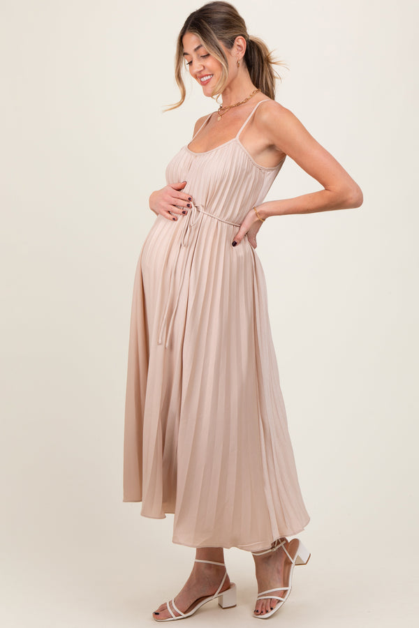 Beige Pleated Sash Tie Maternity Midi Dress