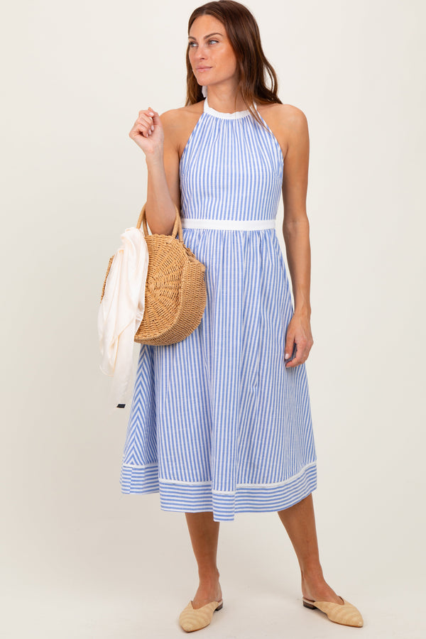Blue Striped Halter Maternity Tie Back Cutout Midi Dress Blue Striped Halter Maternity Tie Back Cutout Midi Dress