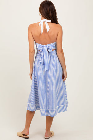 Blue Striped Halter Maternity Tie Back Cutout Midi Dress