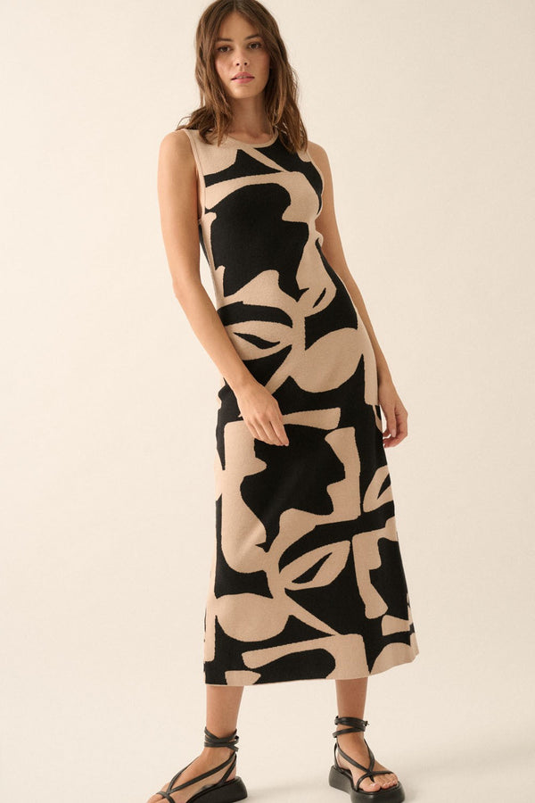 Black Abstract Print Knit Sleeveless Midi Dress