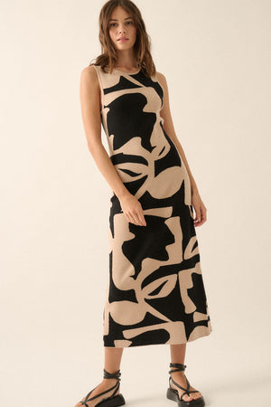 PinkBlush Black Abstract Print Knit Sleeveless Midi Dress