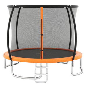 10FT heavy-duty outdoor trampoline with safety enclosure net for kids' recreational fun. Angle view.