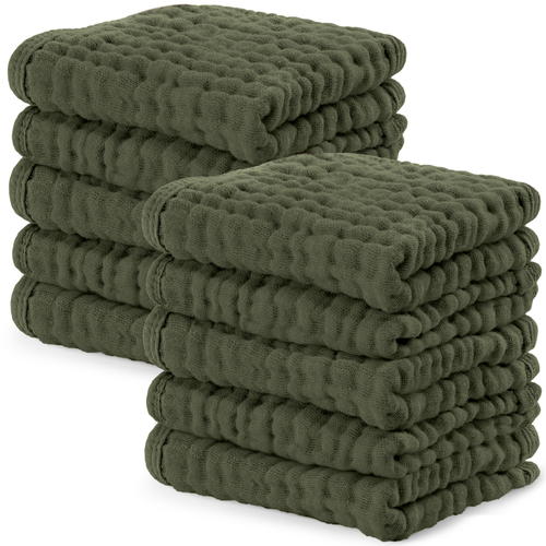 Muslin washcloths in kelp color, soft and absorbent, perfect for gentle baby care. Angle 7 view.