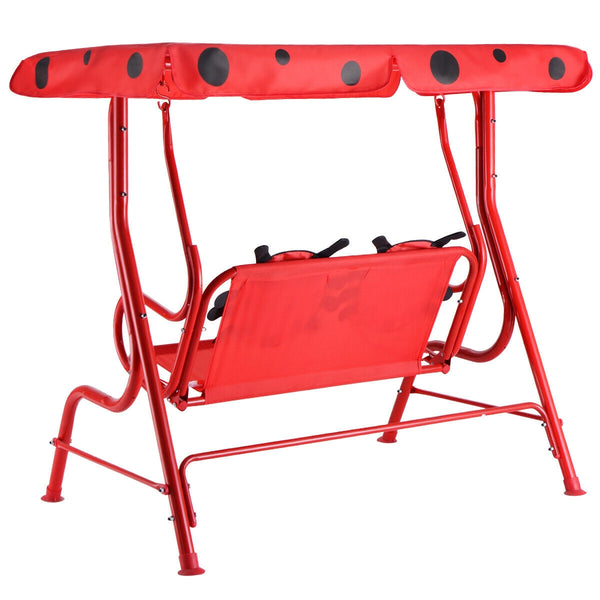 Kids patio swing bench with canopy for two, perfect for outdoor play and relaxation.