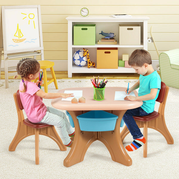 Colorful 3-piece plastic play table and chair set for kids, perfect for indoor and outdoor use.