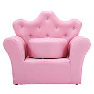 Pink kids sofa with armrests and ottoman, perfect for children's rooms and play areas. Angle 7 view.
