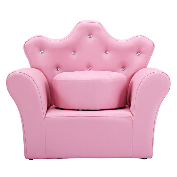 Pink kids sofa with armrests and ottoman, perfect for children's rooms and play areas. Angle 7 view.