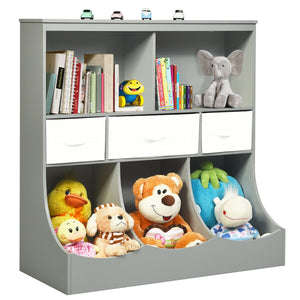 Freestanding combo cubby bin storage organizer unit with 3 baskets for baby room organization.
