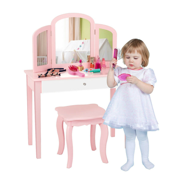 Kids princess makeup dressing table with tri-fold mirror and chair, perfect for imaginative play in bedding & sleep.