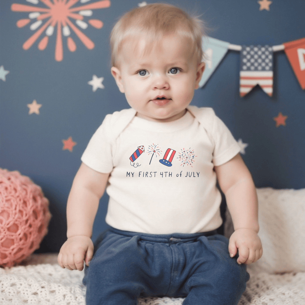 "Little Sparkler short sleeve graphic bodysuit for babies, featuring a fun and colorful design."