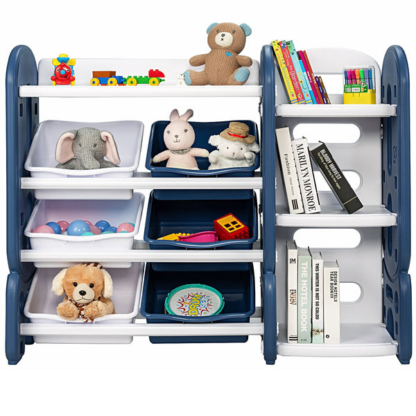 Kids toy storage organizer with bins and multi-layer shelf for bedroom and playroom, angle view 7.