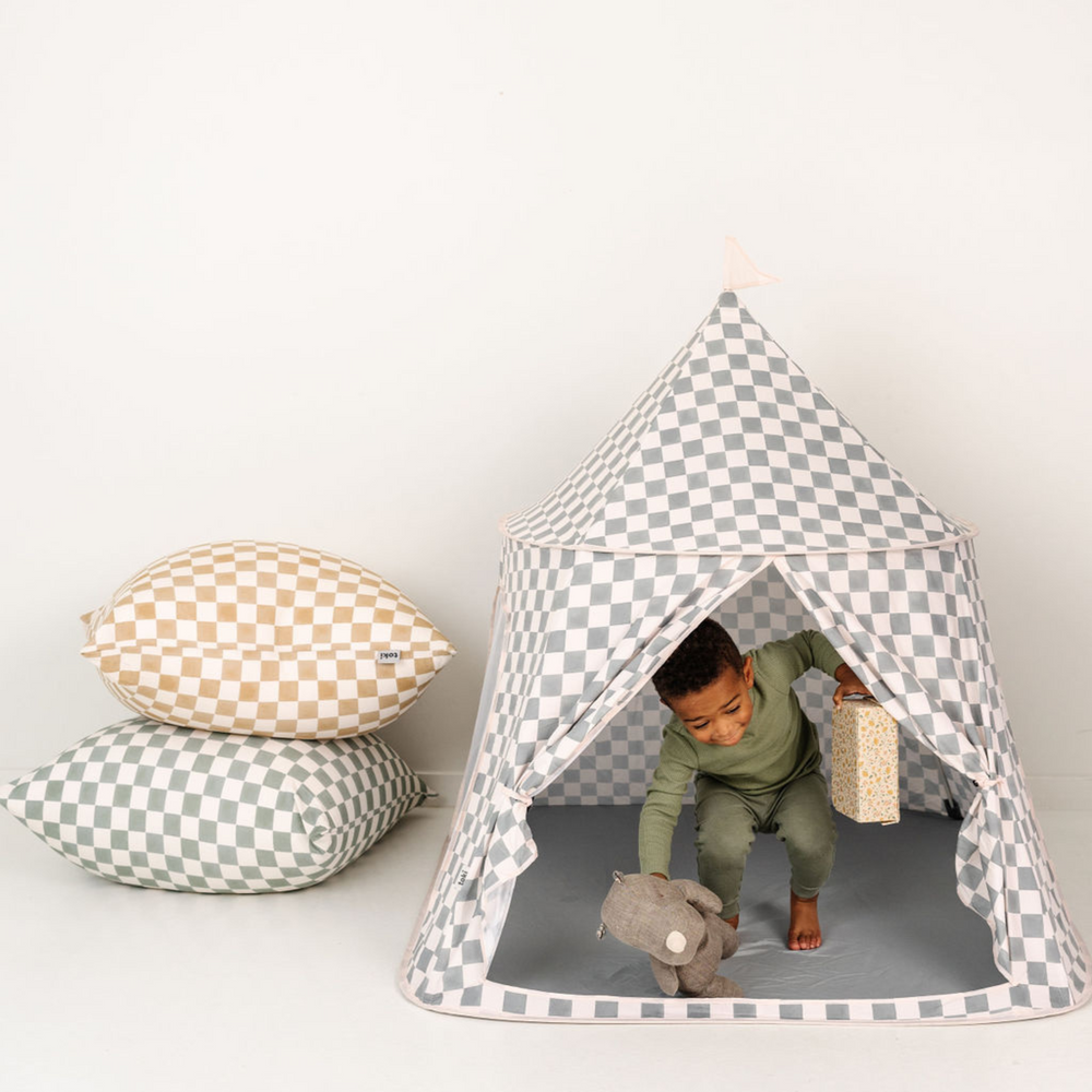 Checker Matcha Play Tent for babies, perfect for imaginative play and cozy adventures indoors or outdoors.