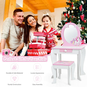 Kids wooden makeup dressing table and chair set with mirror and drawer, perfect for imaginative play.