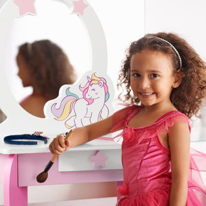 Kids wooden makeup dressing table set with chair, mirror, and drawer, perfect for imaginative play.