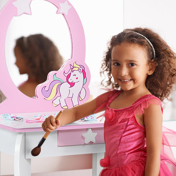 Kids wooden makeup dressing table set with chair, mirror, and drawer, perfect for imaginative play.