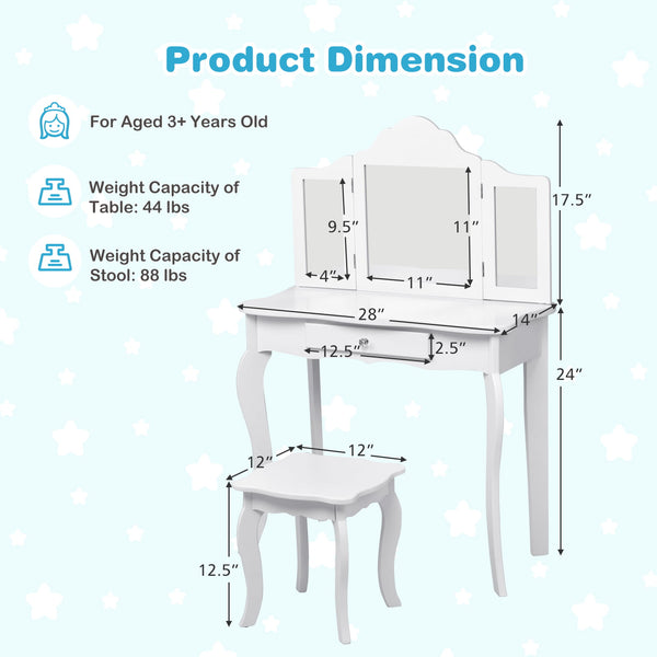 Kids makeup vanity table set with mirror and stool, perfect for imaginative play. Angle view showcasing design and features.
