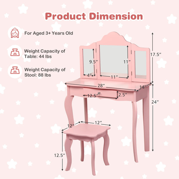 Kids makeup vanity table set with mirror and stool, perfect for imaginative play. Angle 13 view.