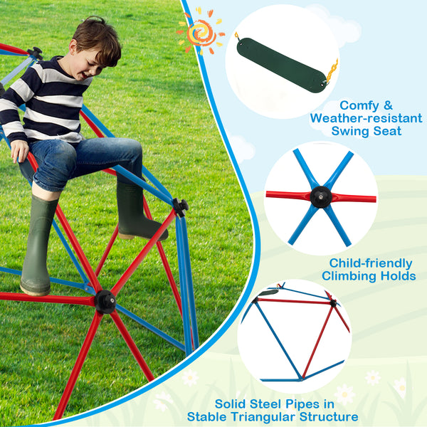 10 Feet Dome Climber with Swing for kids, 800 lbs capacity, sturdy design, perfect for outdoor play and fun.