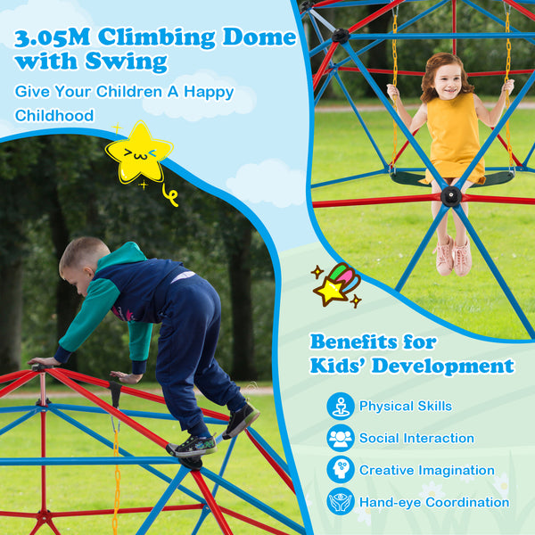 10 Feet Dome Climber with Swing for kids, 800 lbs capacity, perfect for outdoor play and adventure.