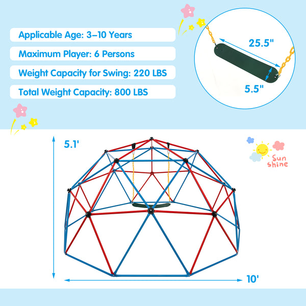 10 Feet Dome Climber with Swing for kids, 800 lbs capacity, perfect for outdoor play and adventure.