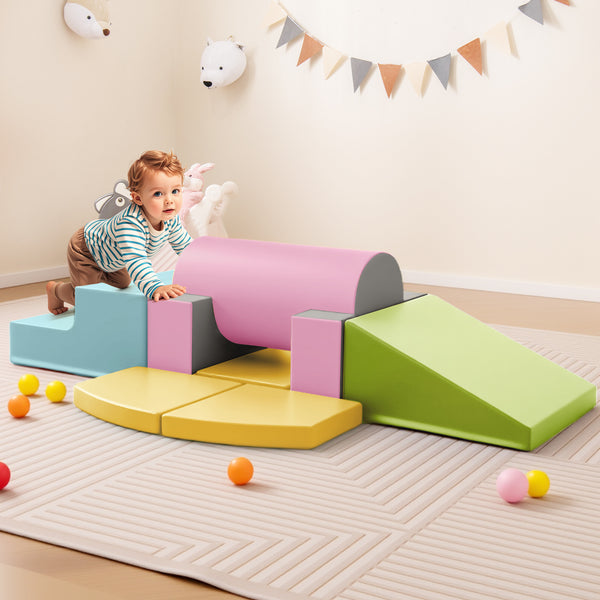 Colorful 10-piece foam climbing toys for toddlers, soft PU leather building blocks in playful arrangement.