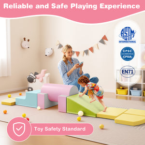 10-piece soft foam climbing toys for toddlers, colorful PU leather building blocks in playful arrangement.