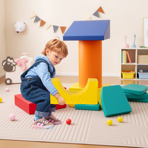 10-piece soft foam climbing toys for toddlers, colorful PU leather building blocks at an angle view.