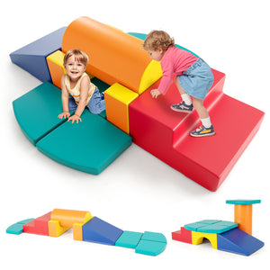 Colorful 10-piece foam climbing toys for toddlers, soft PU leather building blocks in playful arrangement.