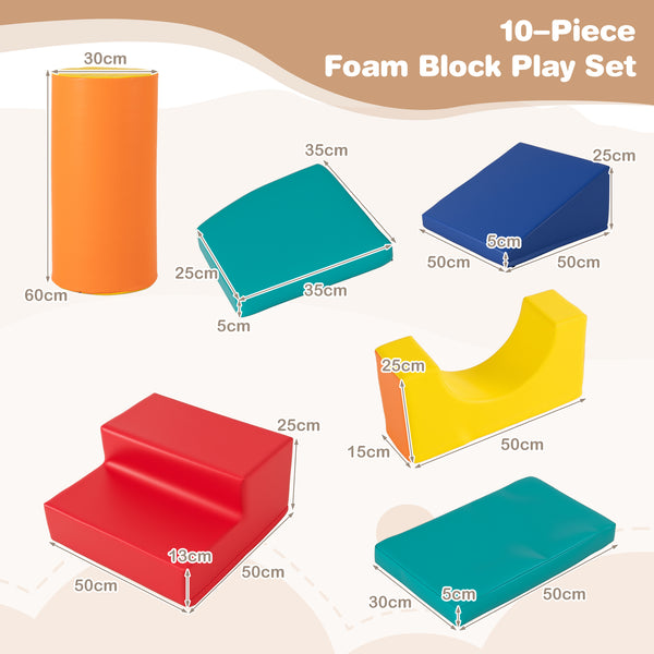 Colorful 10-piece foam climbing toys for toddlers, soft PU leather building blocks for safe play and exploration.