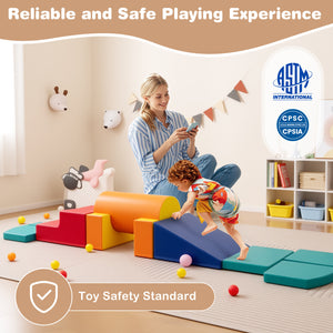 Colorful 10-piece foam climbing toys for toddlers, soft PU leather building blocks in playful arrangement.