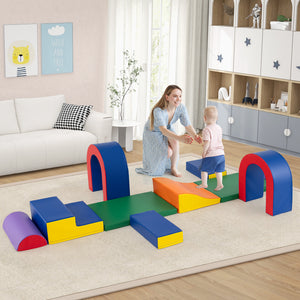 Multicolor 10-piece foam climbing blocks for babies, soft PU leather play gym, lightweight and safe for climbing fun.