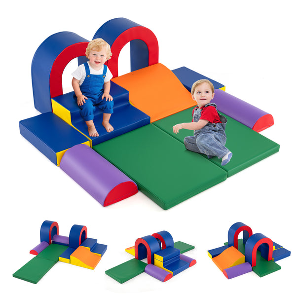 Multicolor 10-piece foam climbing blocks for babies, soft PU leather play gym, lightweight and safe for climbing fun.