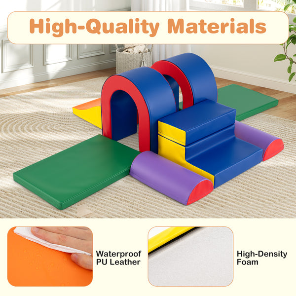 Multicolor 10-piece foam climbing blocks for babies, soft PU leather play gym, lightweight and safe for climbing fun.