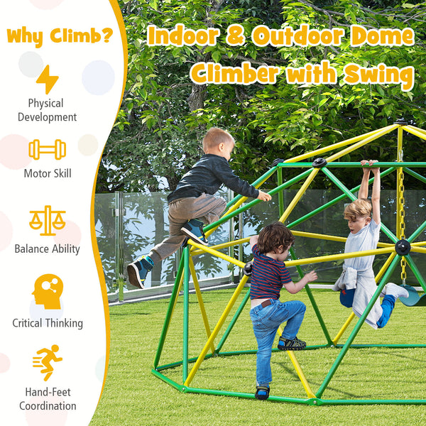 10 Feet Dome Climber with Swing, 800 lbs capacity, perfect for outdoor play and adventure for kids.