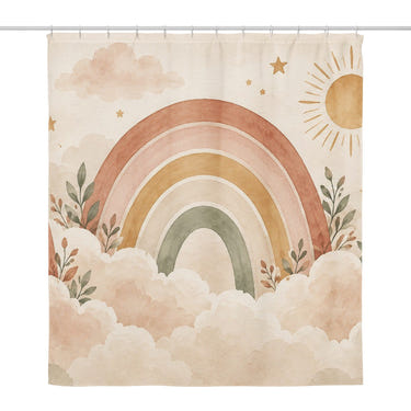 Rainbows on Clouds shower curtain, full front view of the 71 x 74 in fabric curtain