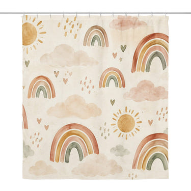 Little Rainbows Pattern shower curtain, full front view of the 71 x 74 in fabric curtain